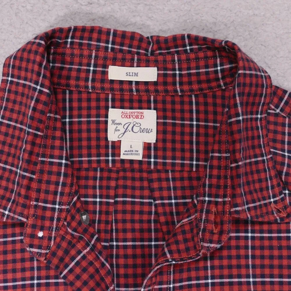 J Crew Oxford Shirt Mens Large SLIM Fit Orange Blue Plaid Button Up Long Sleeve